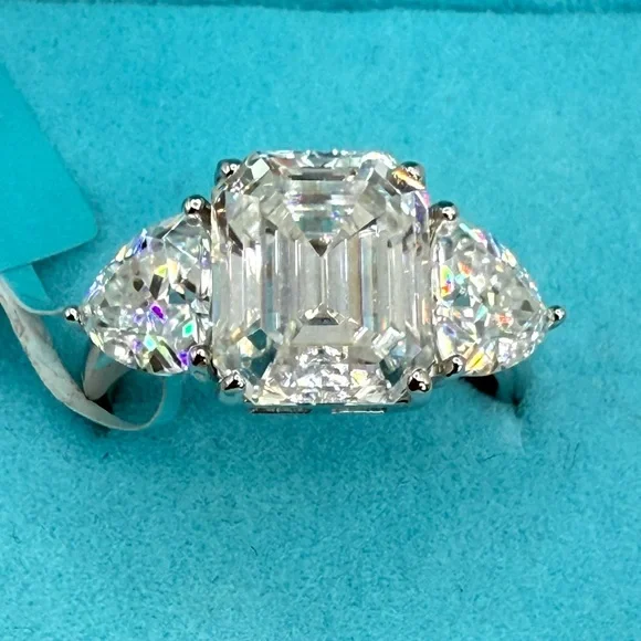 7.40 CTW Moissanite Three Stone Asscher Cut Ring 925 Silver Size 8 NWT - Picture 5 of 17